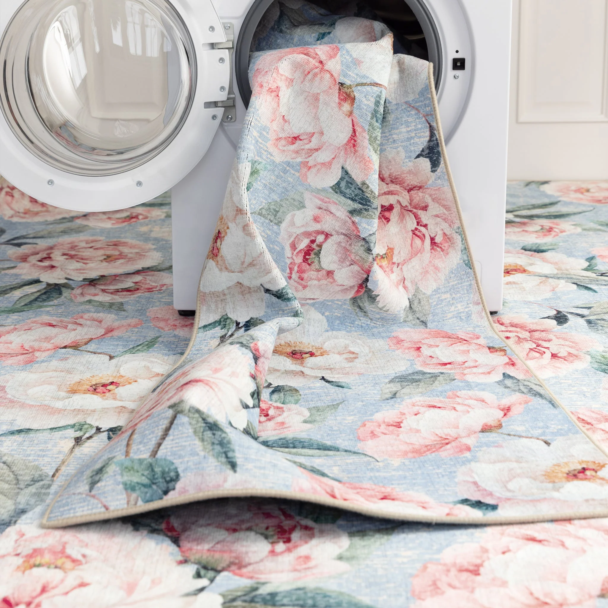 Blooming Peonies Blue Eco-Washable Rug - Image 4