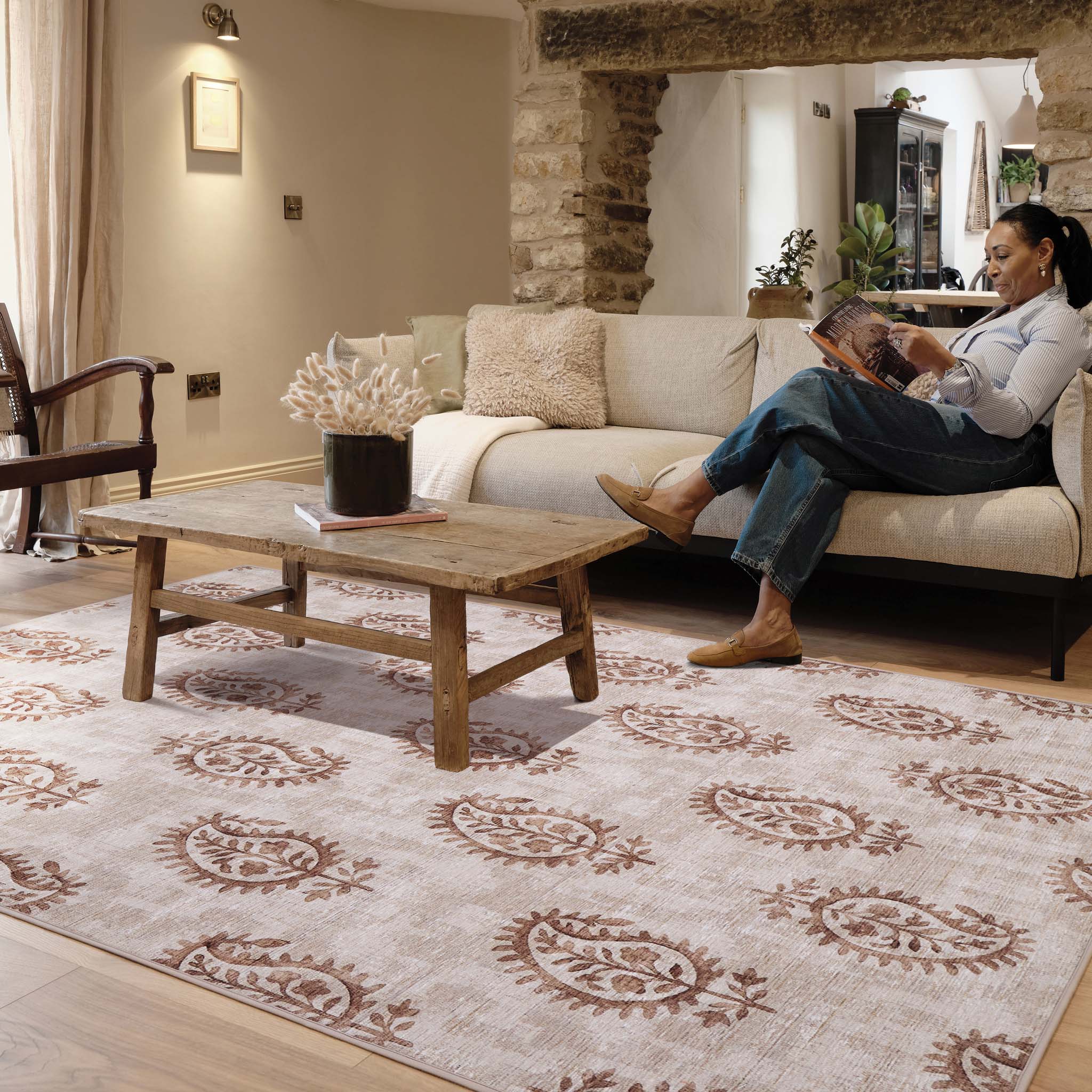 Woodblock Paisley Rust Eco-Washable Rug - Image 2